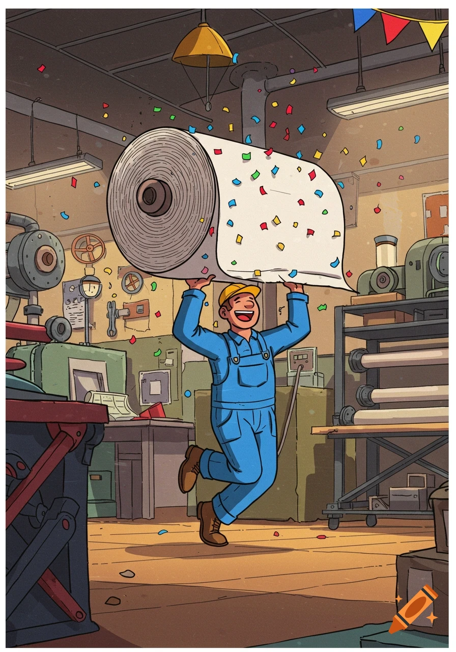 A cheerful cartoon technician in overalls dances in a workshop, holding a large paper roll as colorful confetti falls.