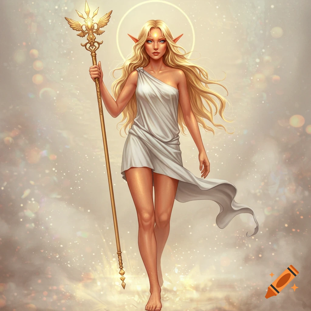 A blonde goddess with pointed ears, wearing a short white tunic, walks forward holding a golden scepter in a sparkling, ethereal setting. Digital painting.