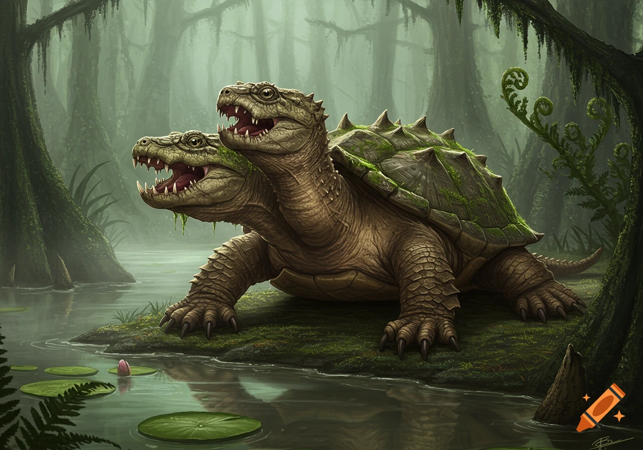 A two-headed spiked snapping turtle stands on mossy ground in a misty green swamp, digital painting.