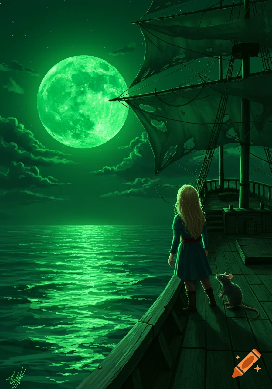 A blonde girl and a rat stand on an old ship looking at an emerald sea under a giant green moon in a dark fantasy illustration.