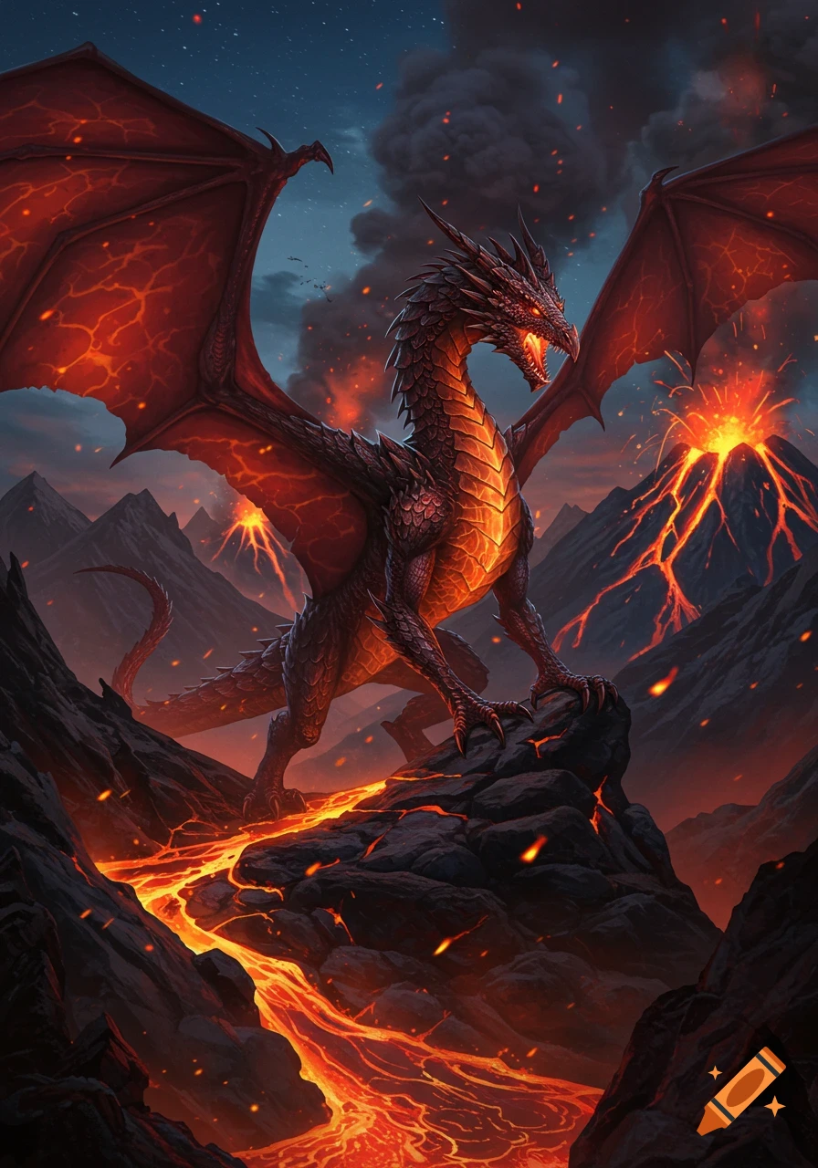 A dark dragon with glowing red eyes and fiery wings stands on a rocky outcrop amidst erupting volcanoes and flowing lava under a starry sky.