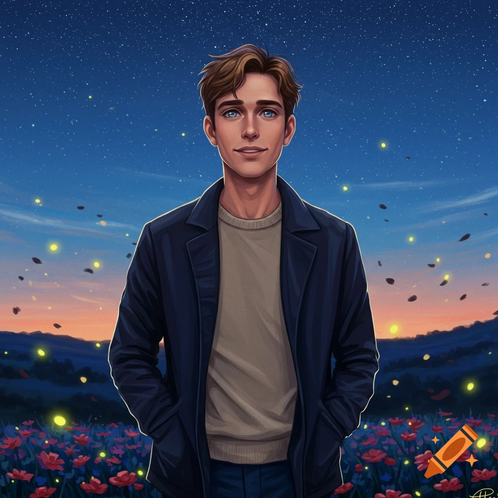 Digital art portrait of a young man with brown hair and blue eyes, smiling in a field of red flowers under a starry, sunset sky with fireflies.