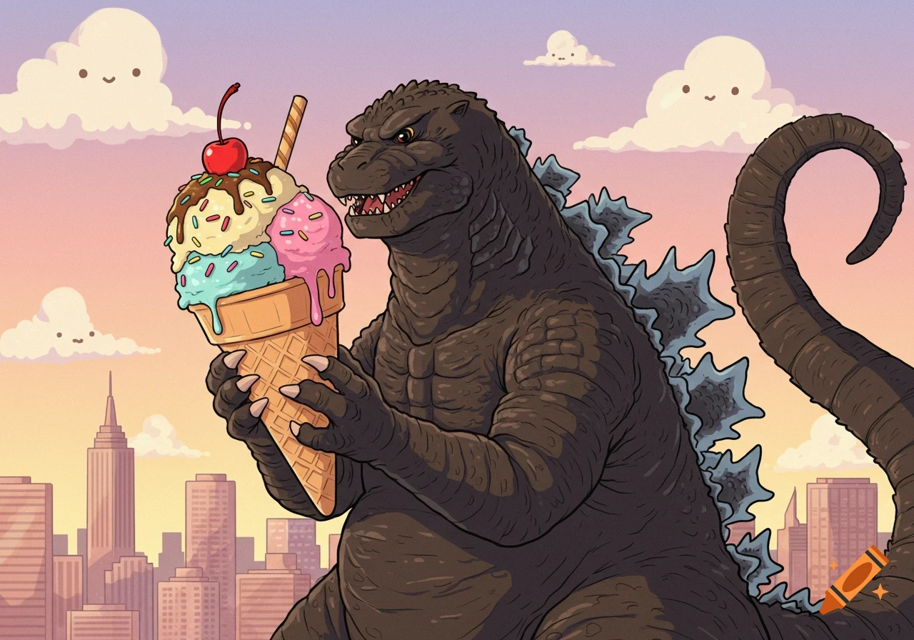 Cartoon Godzilla smiling, holding a giant multi-scoop ice cream cone against a city skyline with smiling clouds at sunset.