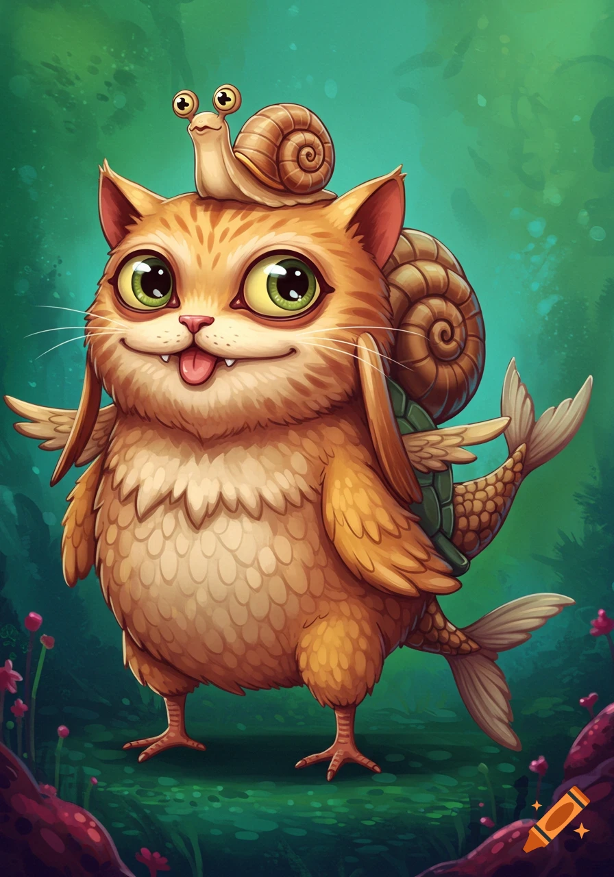 A cute, whimsical hybrid creature with a cat head, frog eyes, rabbit ears, snail and turtle shells, penguin wings, chick legs, and a fish tail.