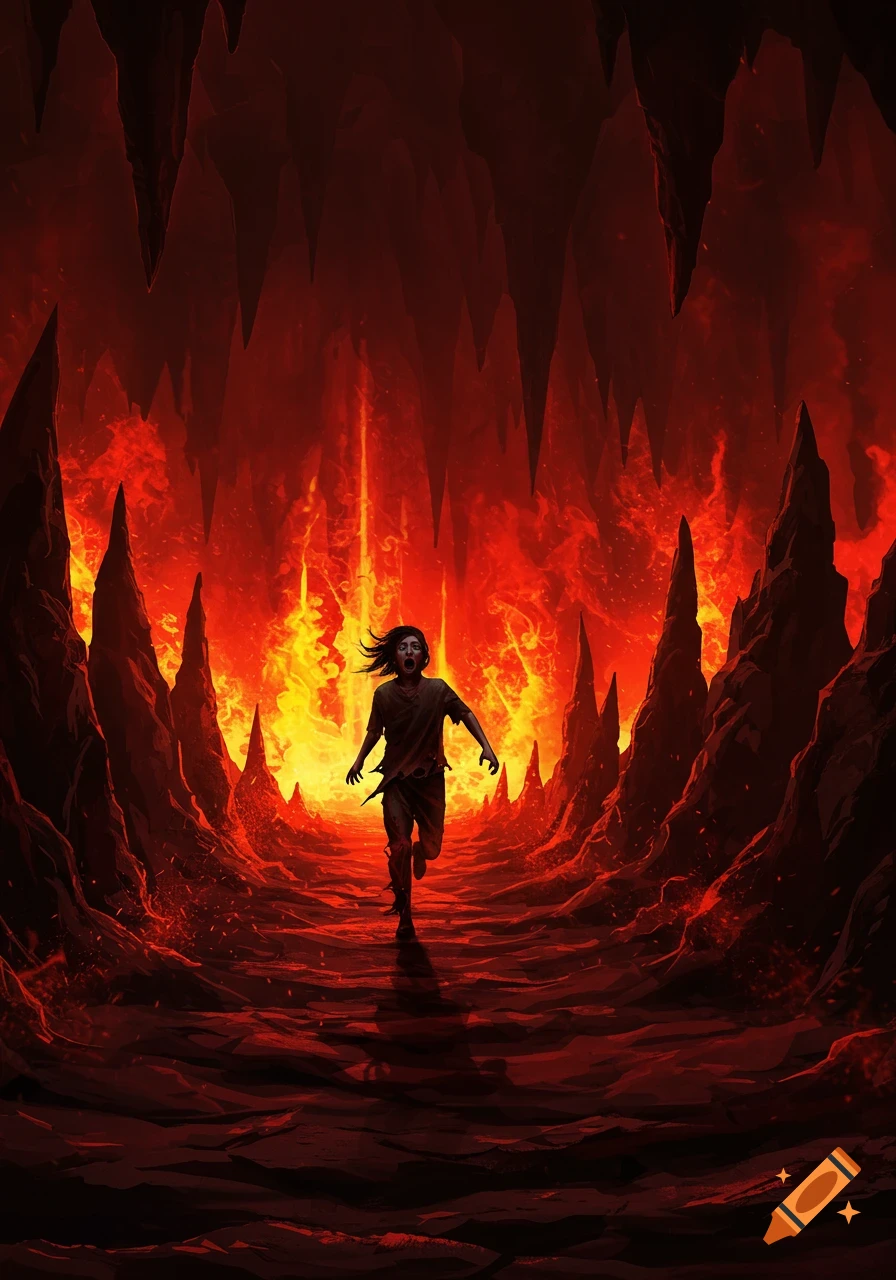 A terrified person runs through a fiery, jagged hellscape cave in a dramatic digital art style.