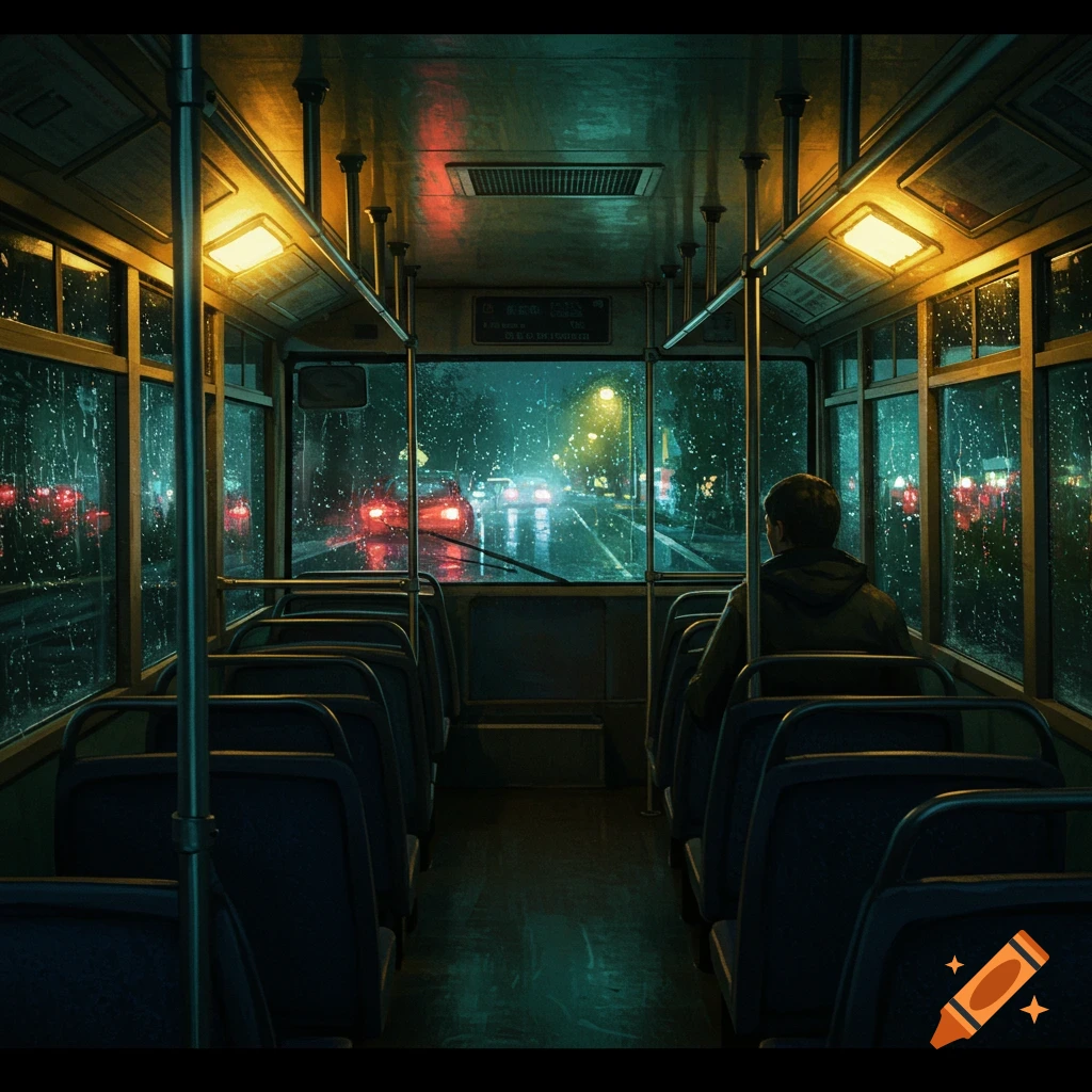 Interior view of a bus on a rainy night, with a single passenger looking out the window at the city lights.