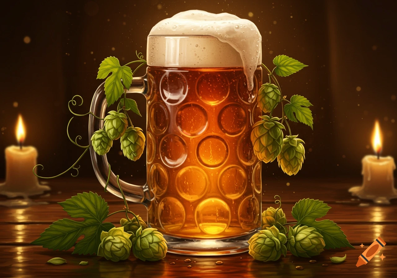 A foamy beer mug adorned with green hops and leaves, flanked by two lit candles on a wooden table in a dimly lit setting.