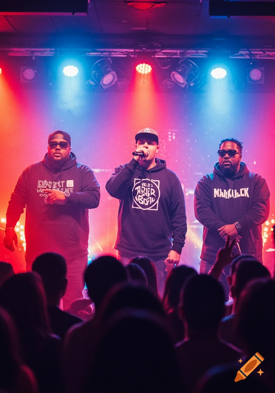 Three rappers on a brightly lit stage perform in front of a crowd. The middle rapper holds a microphone.
