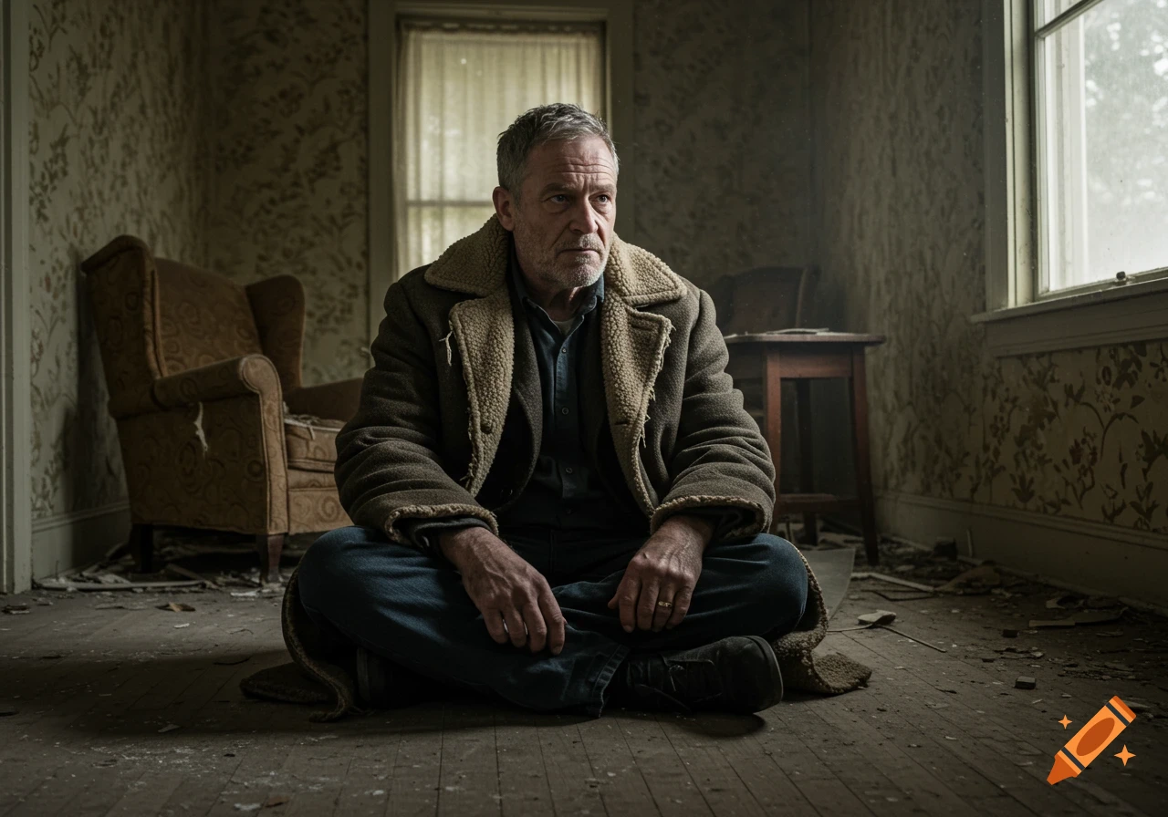 An older man in a winter coat sits cross-legged on the floor of a dilapidated room with peeling wallpaper and worn wooden floors.