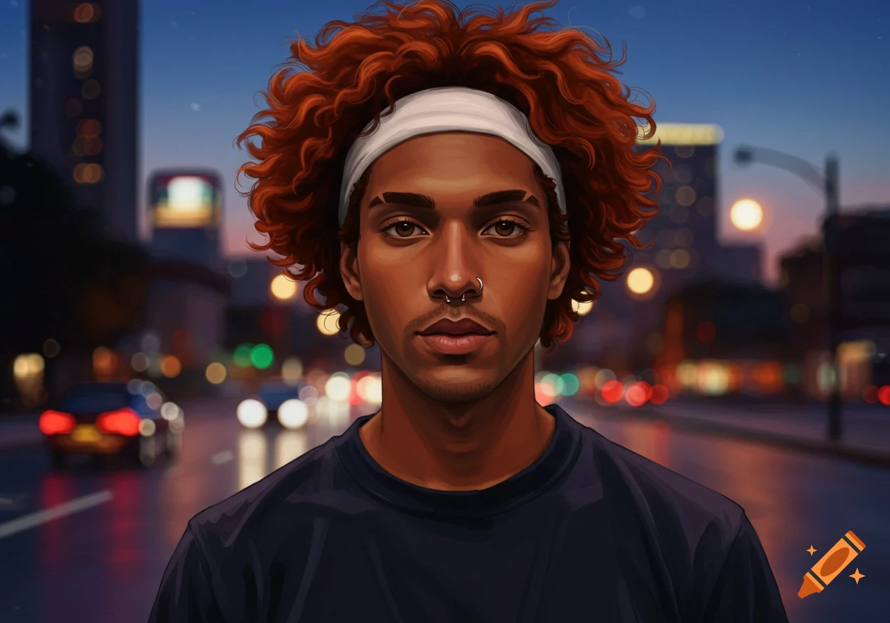 Stylized portrait of a person with auburn curly hair, white headband, nose piercing, and navy shirt, in a night city.