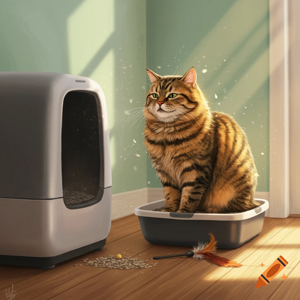 A fluffy tabby cat sits in an open litterbox on a wooden floor, with a covered litterbox, scattered litter, and a feather toy. Digital art.