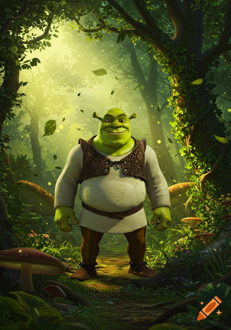 Shrek stands smiling in a lush, magical forest with sunlight filtering through trees and mushrooms on the ground.