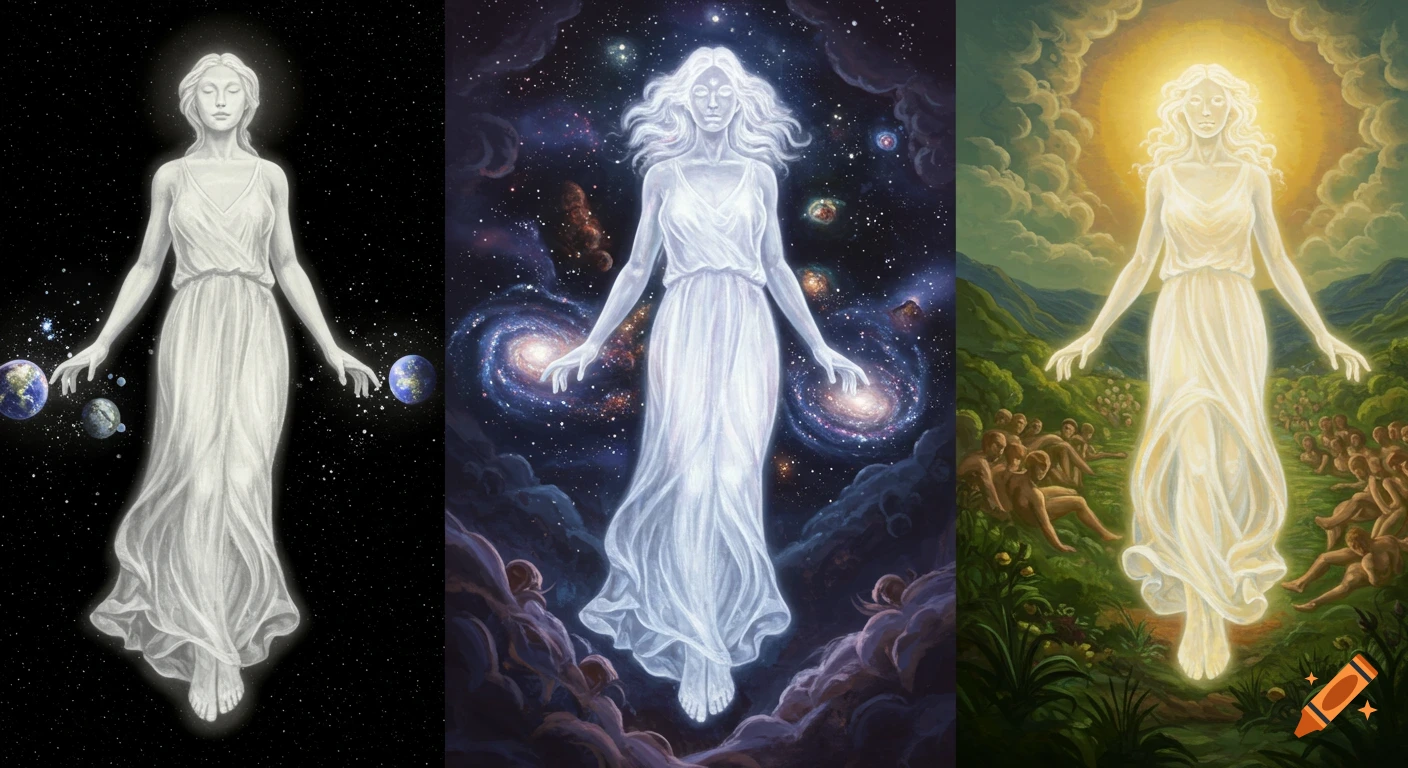 A classical painted mural depicts a glowing female deity in a white dress, creating planets in space and humanity in a lush garden.