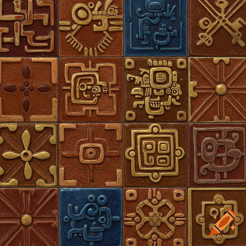 A grid of square ceramic tiles featuring embossed, intricate Aztec-style patterns in gold, brown, and blue.
