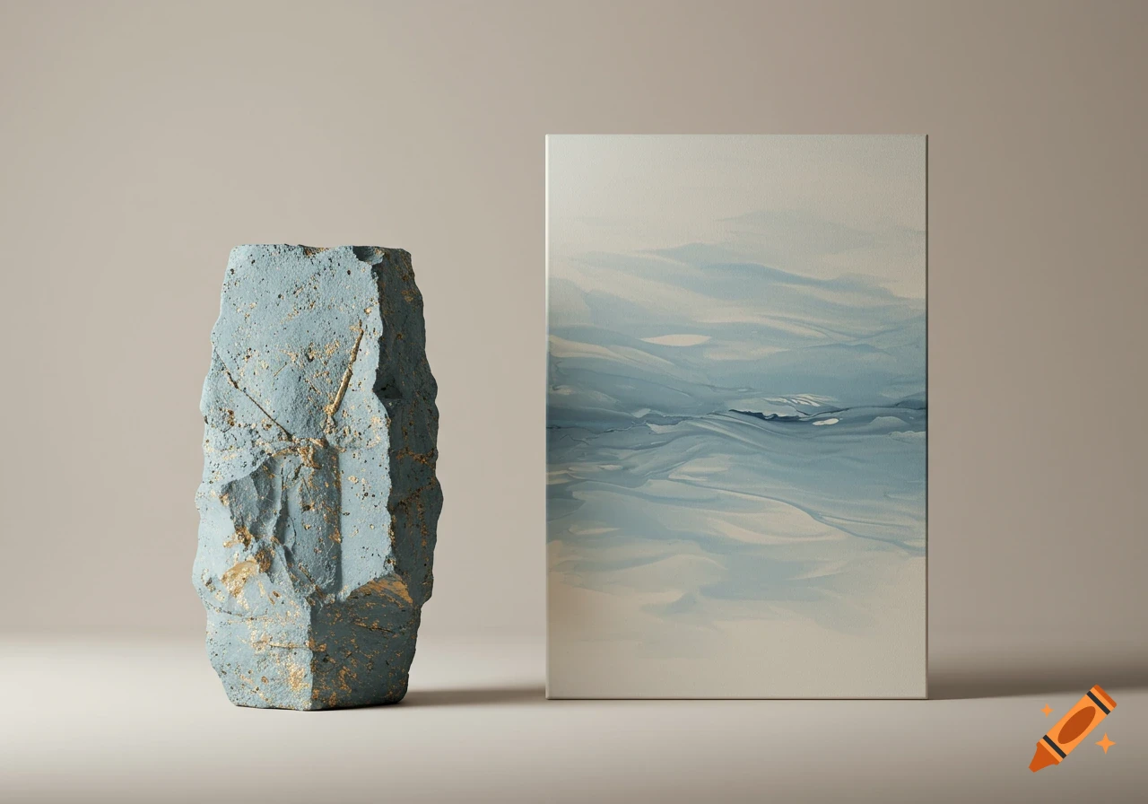 Rough blue-green sculptural form with gold flecks beside a rectangular canvas with fluid blue and white abstract painting on a neutral background.