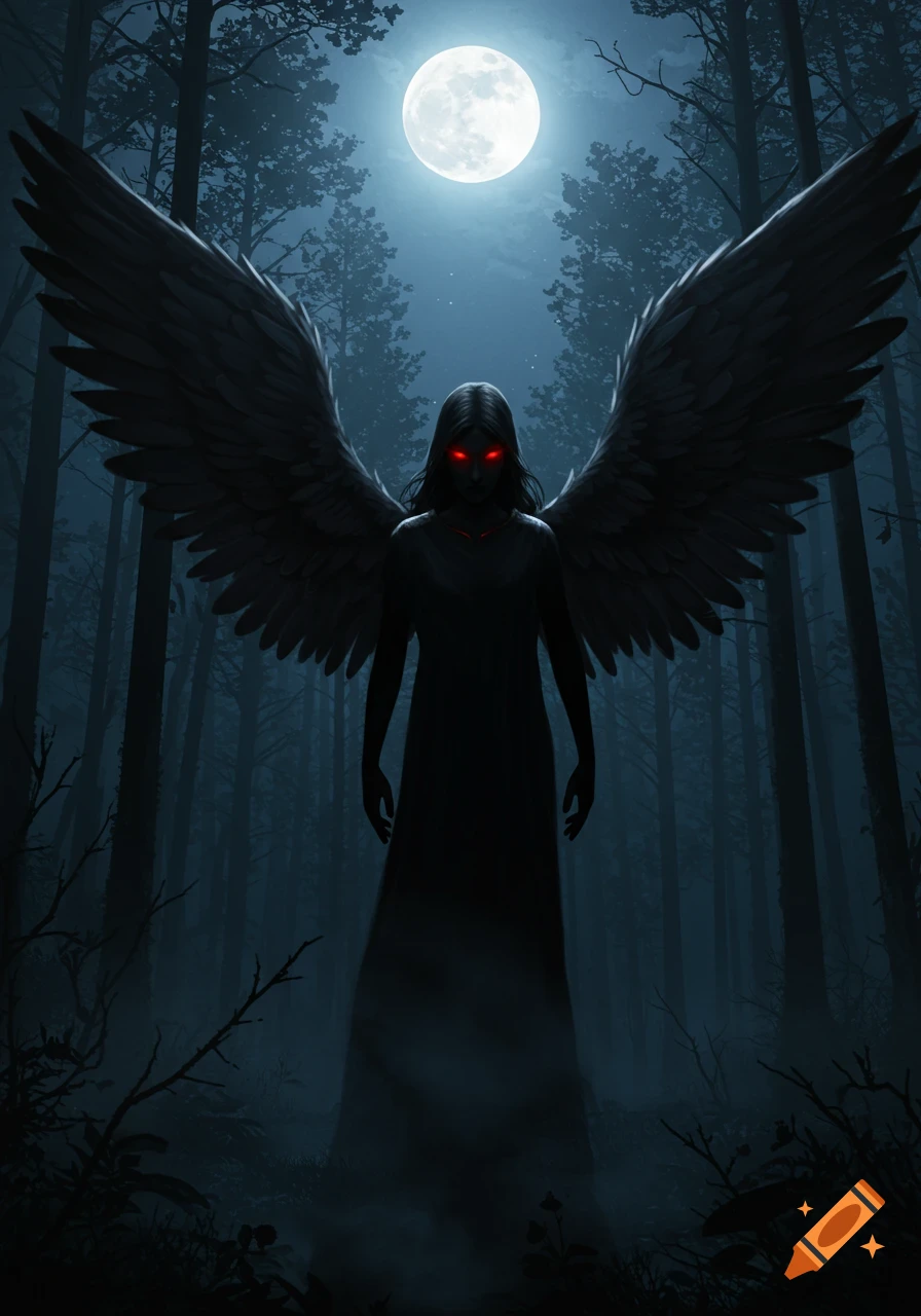 A dark winged figure with glowing red eyes stands in a shadowy forest under a bright full moon, digital art.