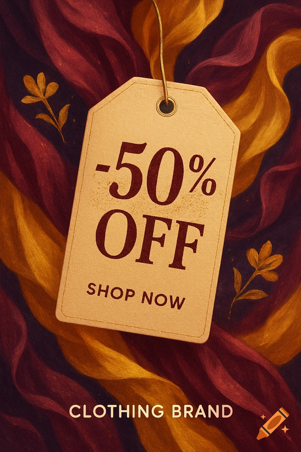 A beige discount tag with "-50% OFF" and "SHOP NOW" text, hanging over wavy red and gold fabric textures, with "CLOTHING BRAND" at the bottom.
