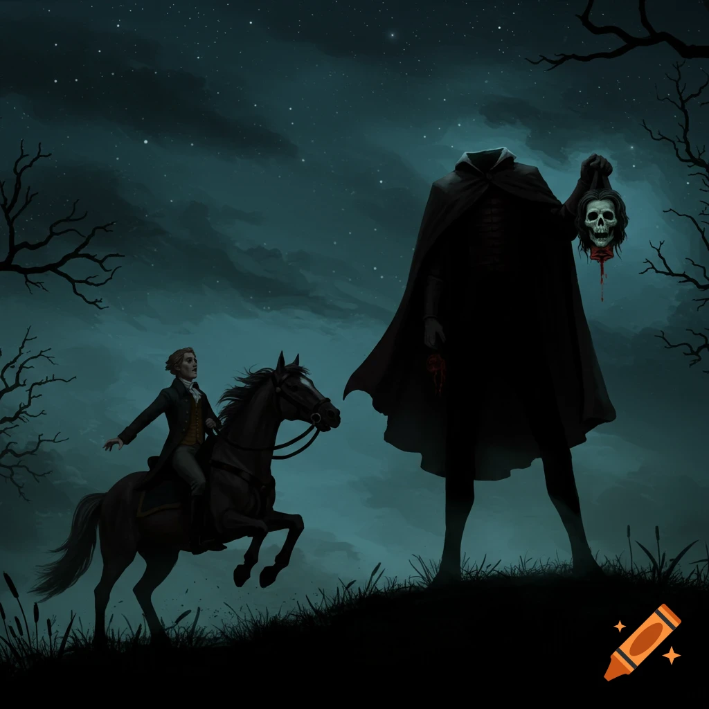 A man on a rearing horse faces a headless figure in a dark cape holding a bloody, skull-like head, against a starry night sky.