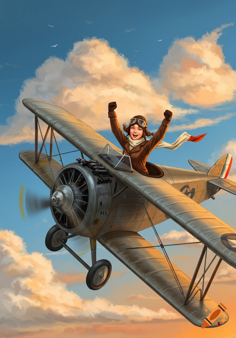 Joyful female pilot in a brown jacket and goggles triumphantly flies a vintage biplane through a cloudy sunset sky.