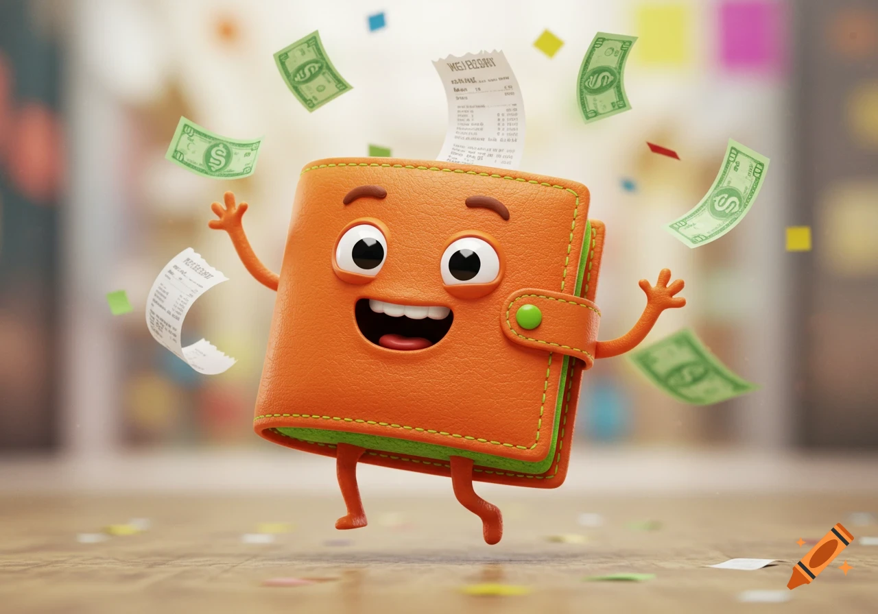 A happy orange cartoon wallet character jumps with arms and legs extended as green money bills and confetti fall around it, a 3D render.