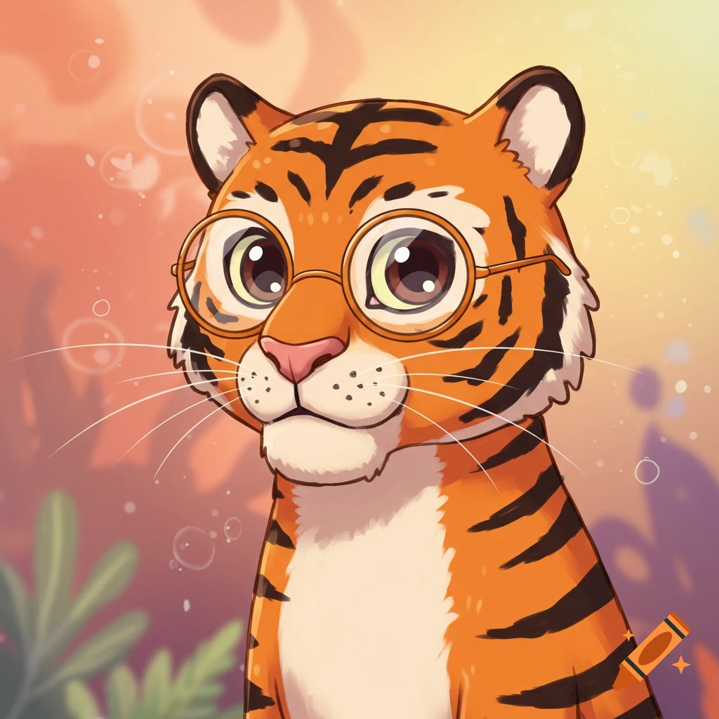 A cartoon tiger with large round glasses in an avatar style, looking slightly to the right against a soft orange and yellow background.