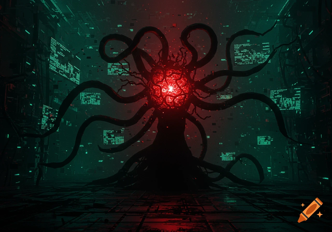 A dark, tentacled entity with a glowing red core stands in a green-lit, code-filled digital environment.