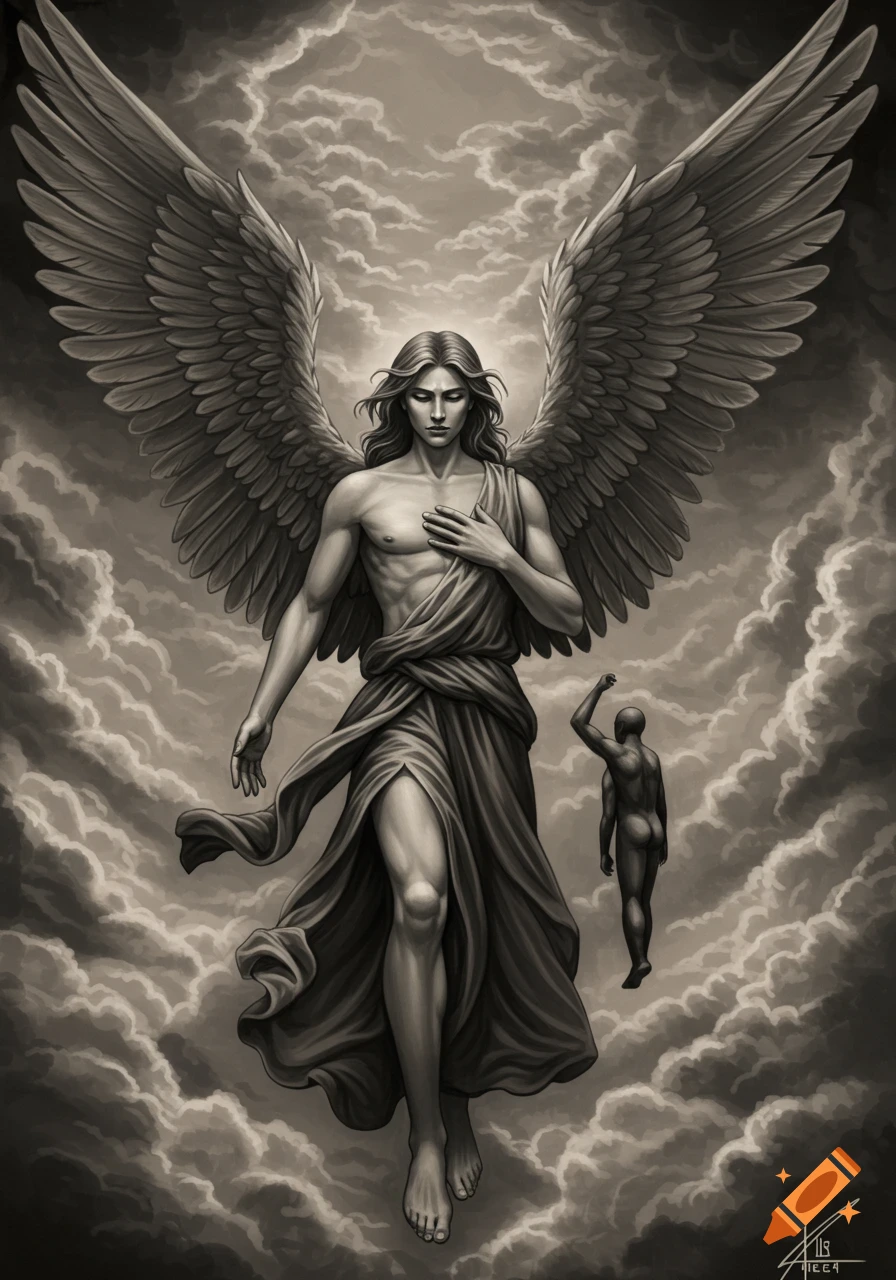 A majestic male angel with large wings and draped cloth floats in a cloudy sky, reaching toward a small nude human figure in a realistic, monochromatic art style.