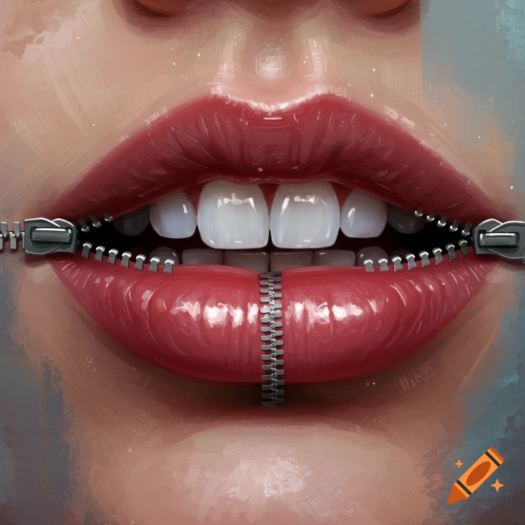 A close-up illustration of glossy red lips with white teeth, partially unzipped by a metal zipper across the mouth.