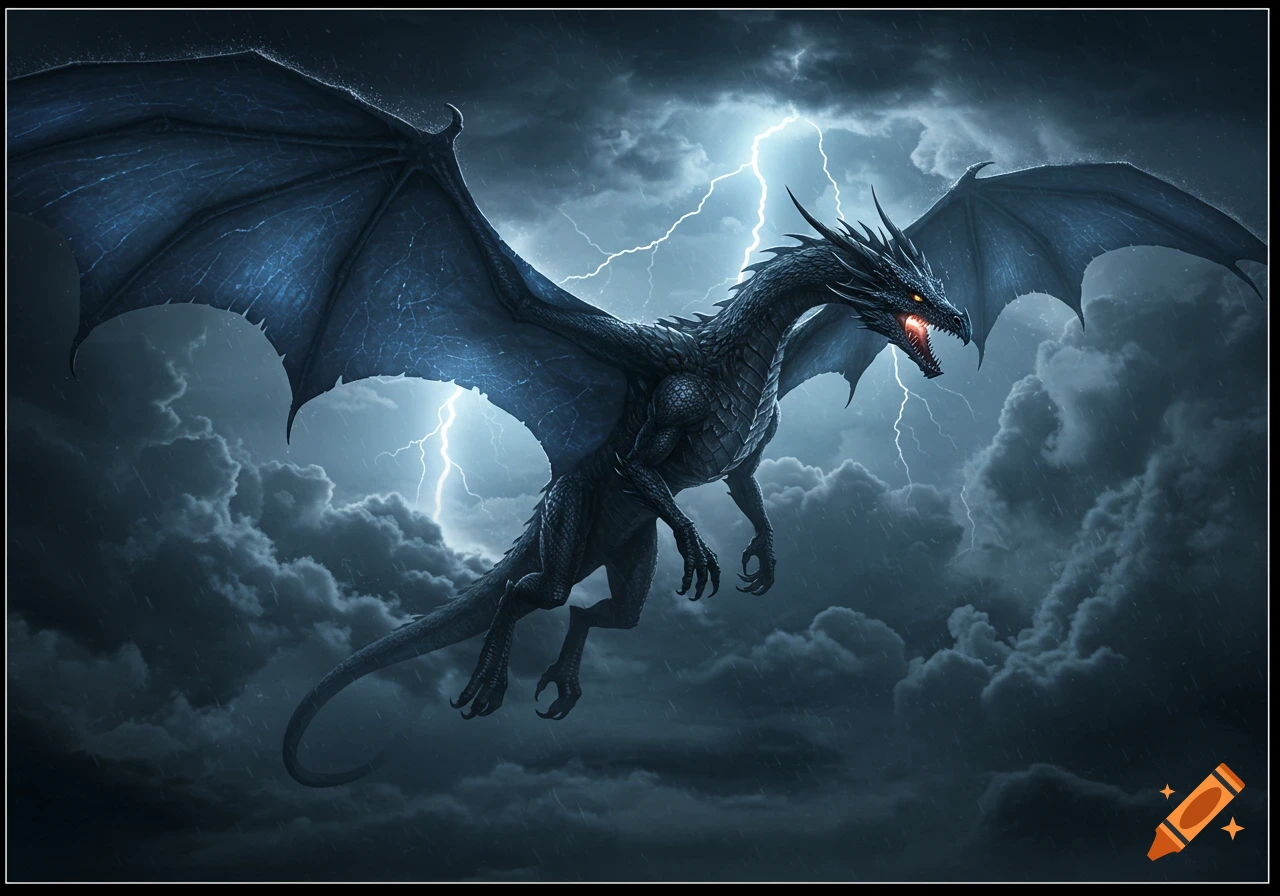 A powerful dark dragon with glowing red eyes and vast wings soars through a stormy, lightning-filled sky.