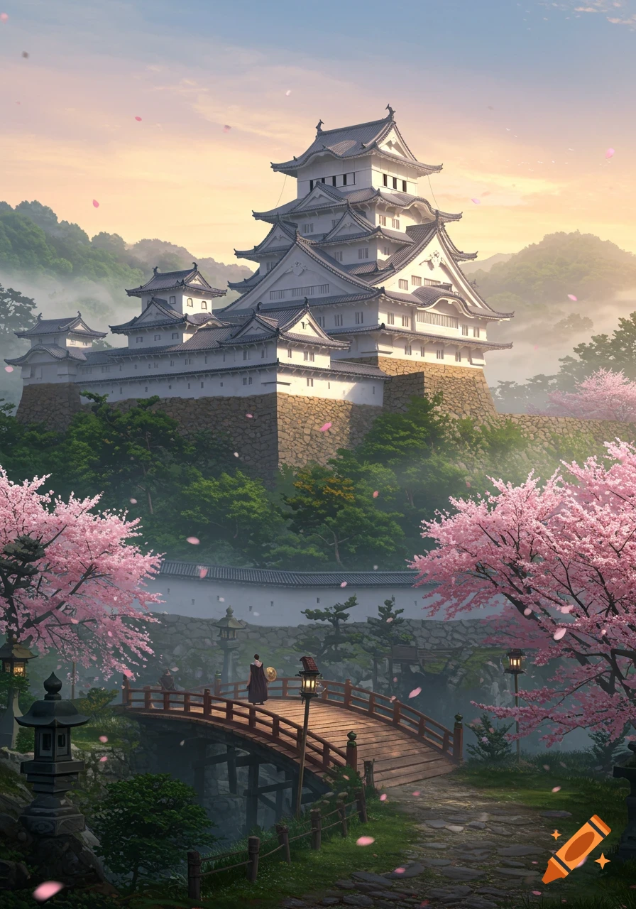 A majestic white Japanese castle on a hill, surrounded by blooming pink cherry trees and lush greenery, with a person crossing a wooden bridge in the foreground at sunset.