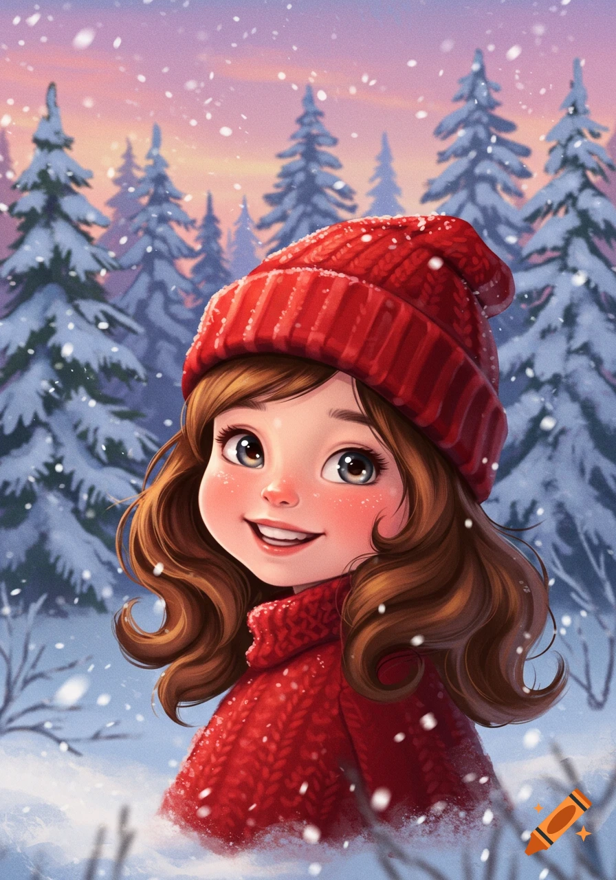 A cute, smiling cartoon girl with brown hair and rosy cheeks wears a red knitted hat and sweater in a snowy forest.