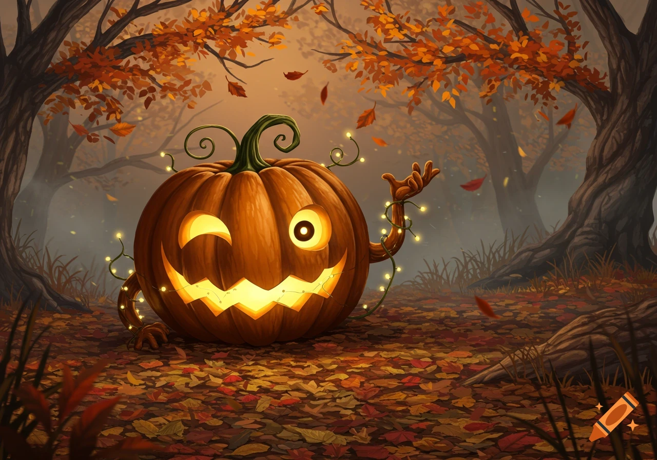 A whimsical, winking jack-o'-lantern with vine-like arms and string lights, beckoning in a misty autumn forest with fallen orange leaves.