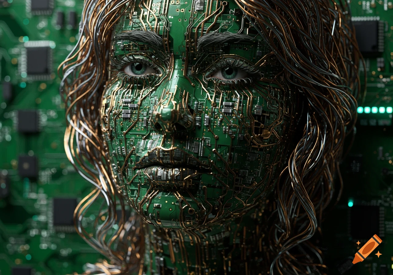 A close-up portrait of a woman's face intricately constructed from green circuit board components and golden wires, against a blurred tech background.