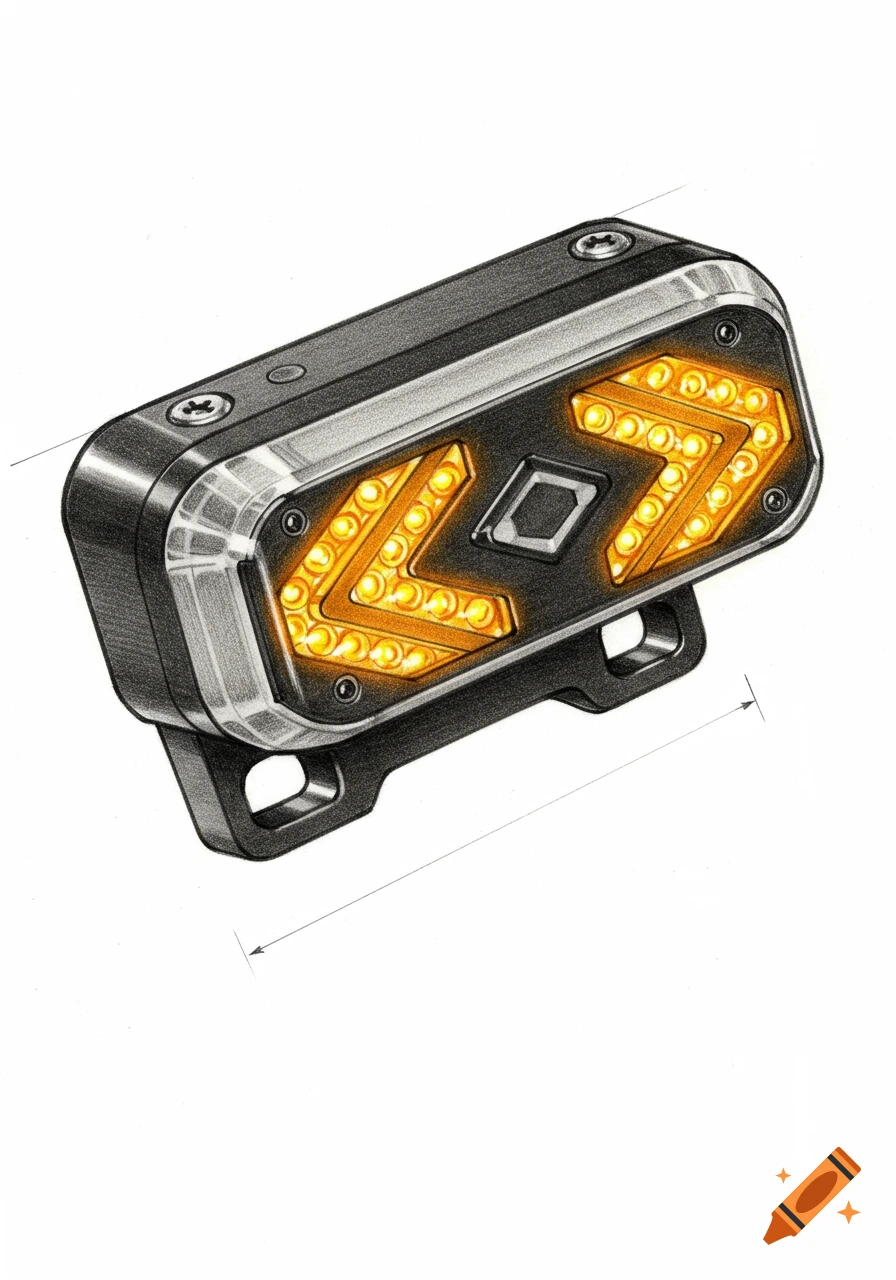 A detailed pencil drawing of a black rectangular module with two yellow arrow-shaped LED arrays.