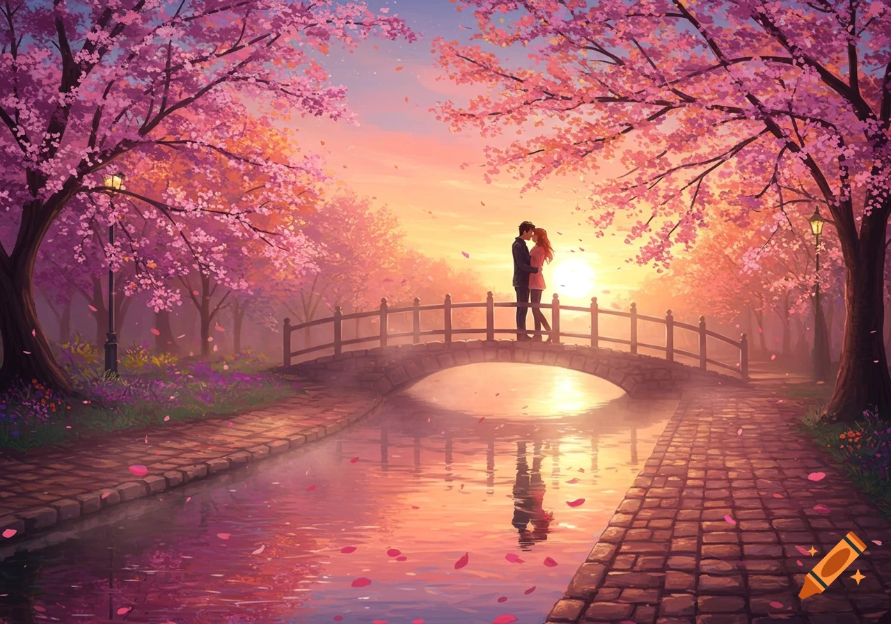 Anime couple embracing on a bridge over a river in a cherry blossom park at sunset, pink petals falling.