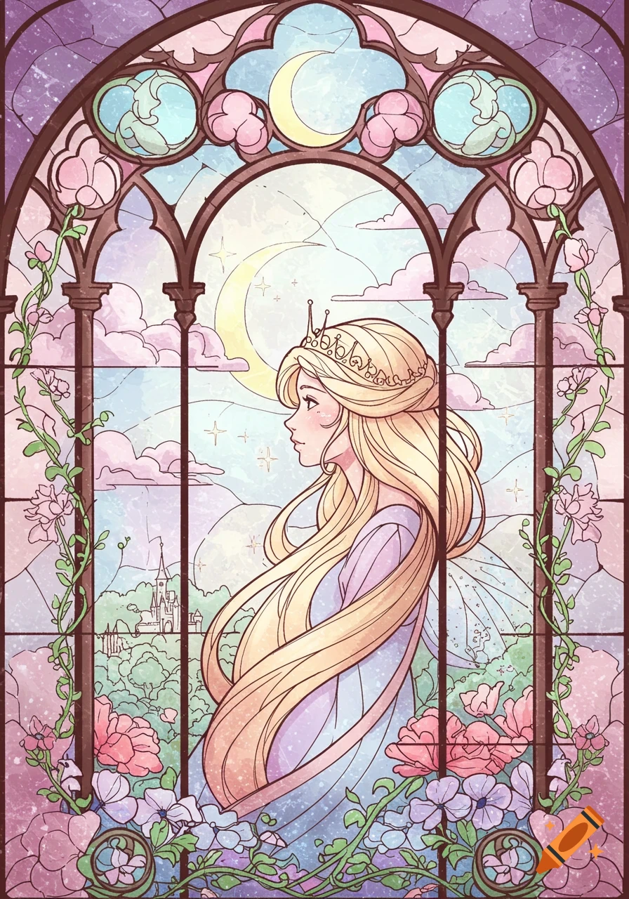 A stained glass artwork depicting a princess with long blonde hair and a crown, framed by an arched window with a fantasy landscape and crescent moon.