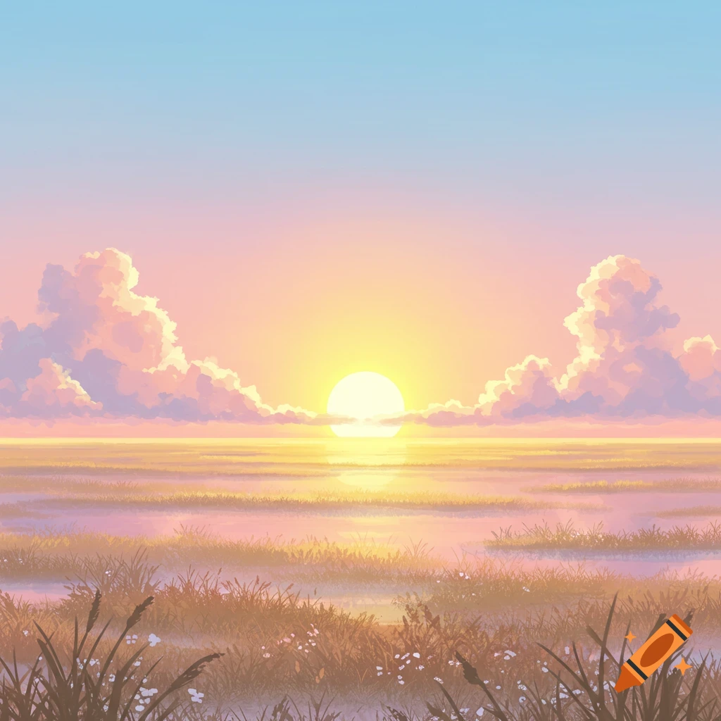Stylized sunrise over a misty marsh with a bright yellow sun, pink and blue sky, and foreground grass.