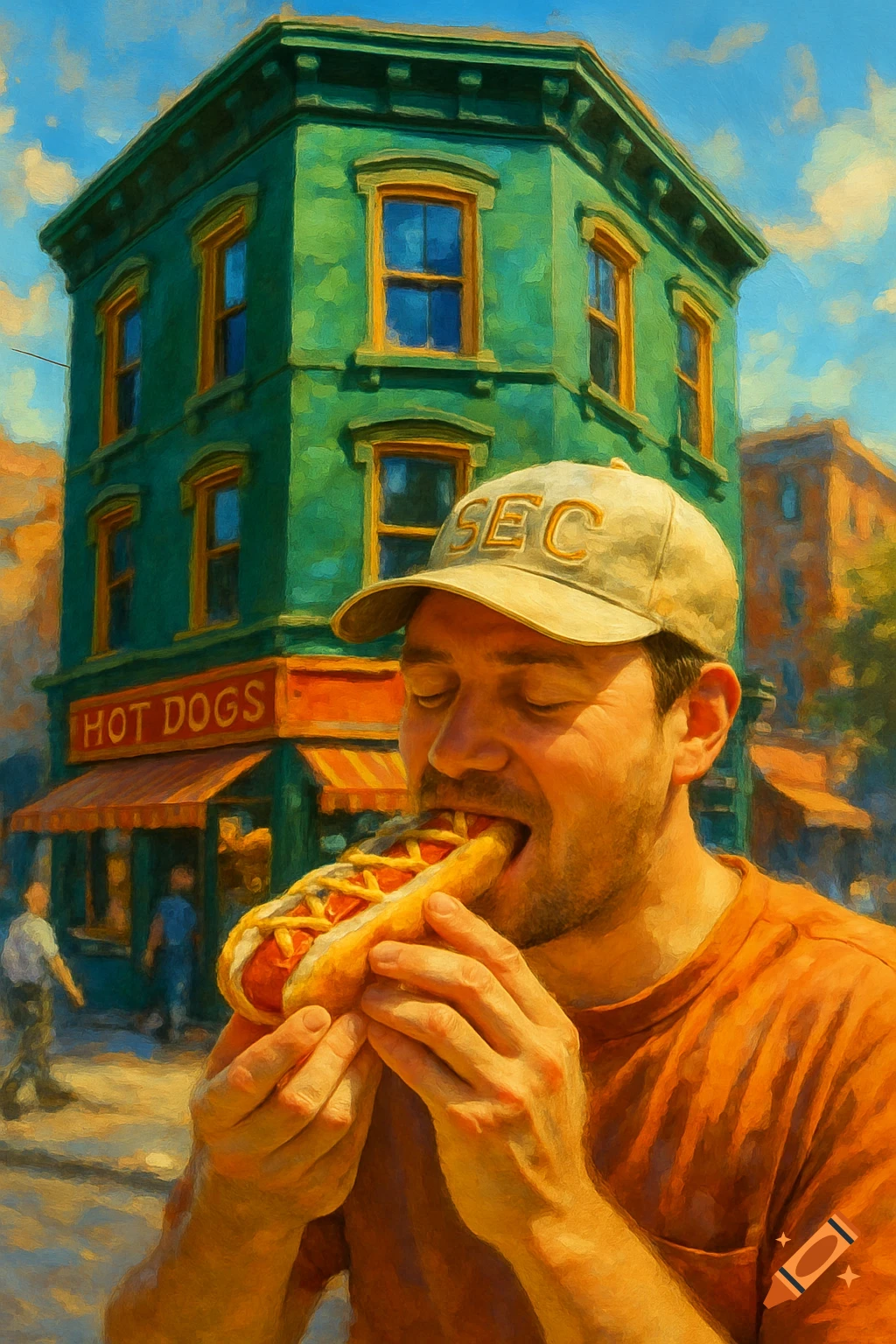 A man in a tan cap and orange shirt bites into a hot dog in front of a green building with a 'HOT DOGS' sign, in a painterly style.