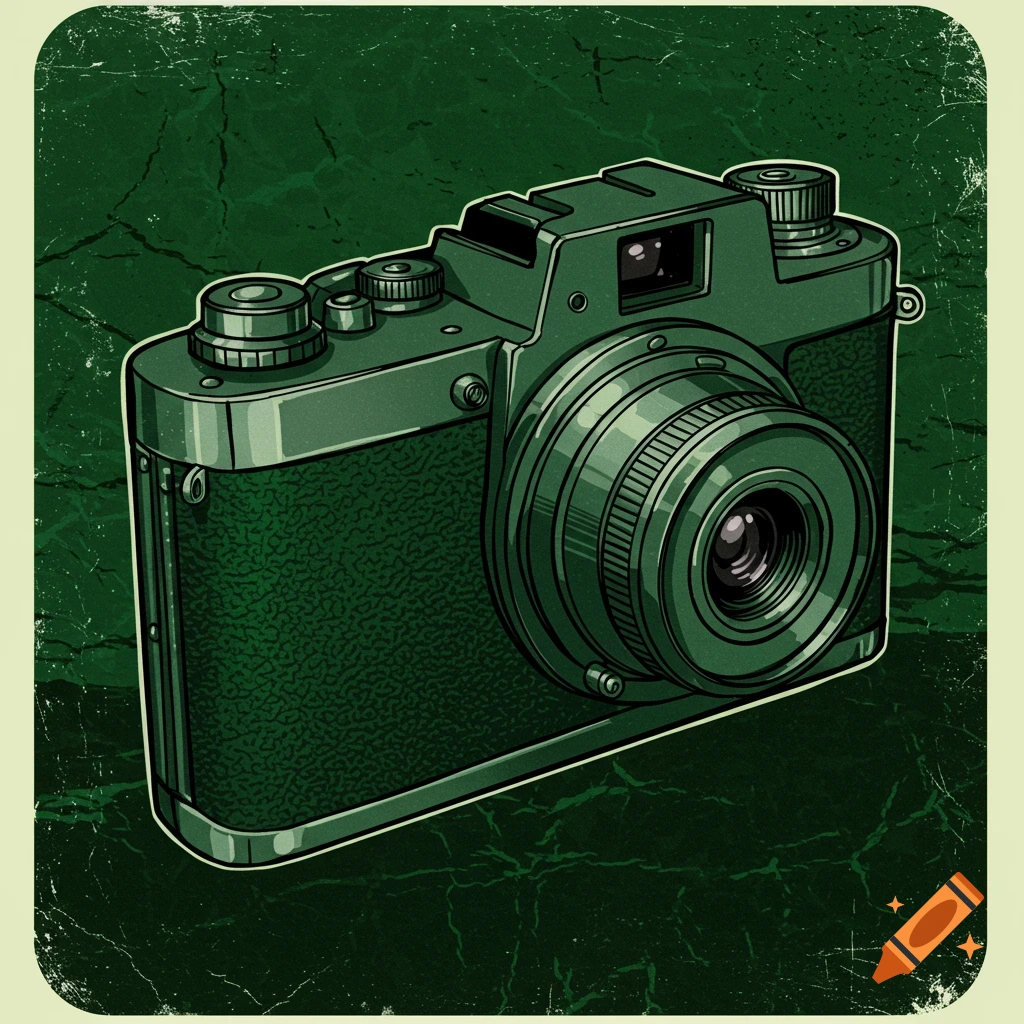 A dark green comic-style illustration of a vintage pocket camera on a distressed green background.