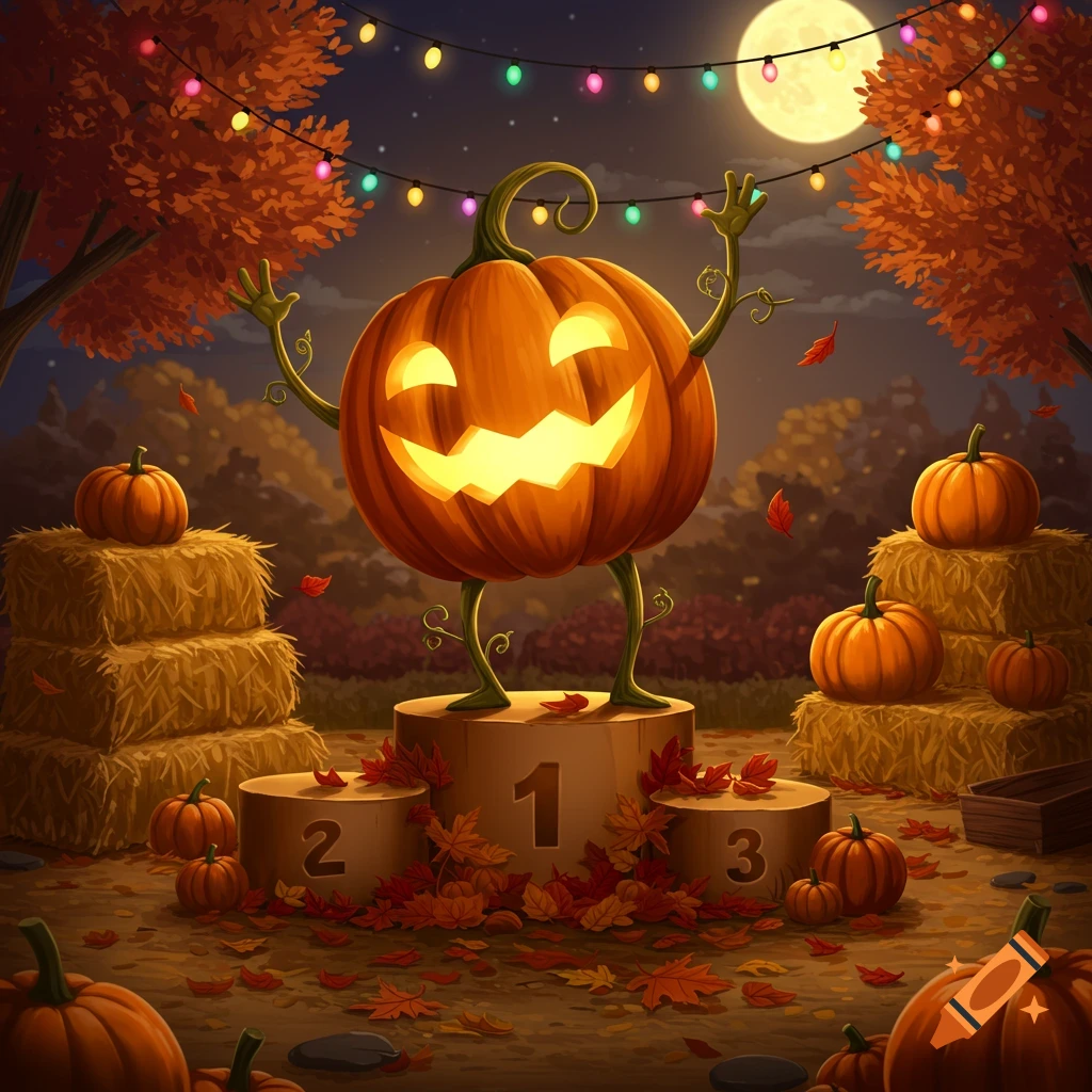 A festive, glowing jack-o'-lantern on a winner's podium, surrounded by pumpkins, hay, fall leaves, string lights, and a full moon at night.