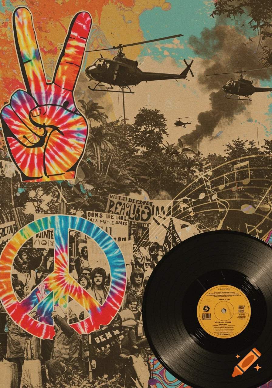 A vintage collage combining a tie-dye peace sign and peace hand gesture with silhouettes of helicopters over a jungle, protest posters, music notes, and a vinyl record, evoking the 1960s.