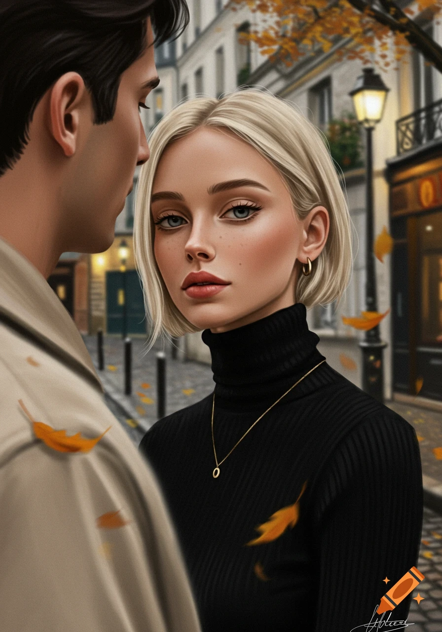 A stylized illustration of a blonde woman in a black turtleneck and gold necklace looking at the viewer, with a man in a beige coat beside her, in an autumn city street.