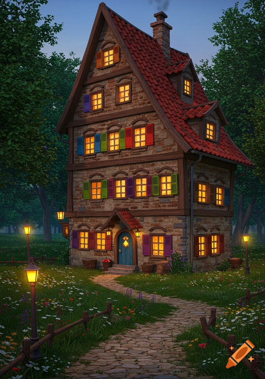 A whimsical stone house with a red tiled roof, colorful shutters, and glowing windows, surrounded by a lush forest and a path with flowers at dusk.