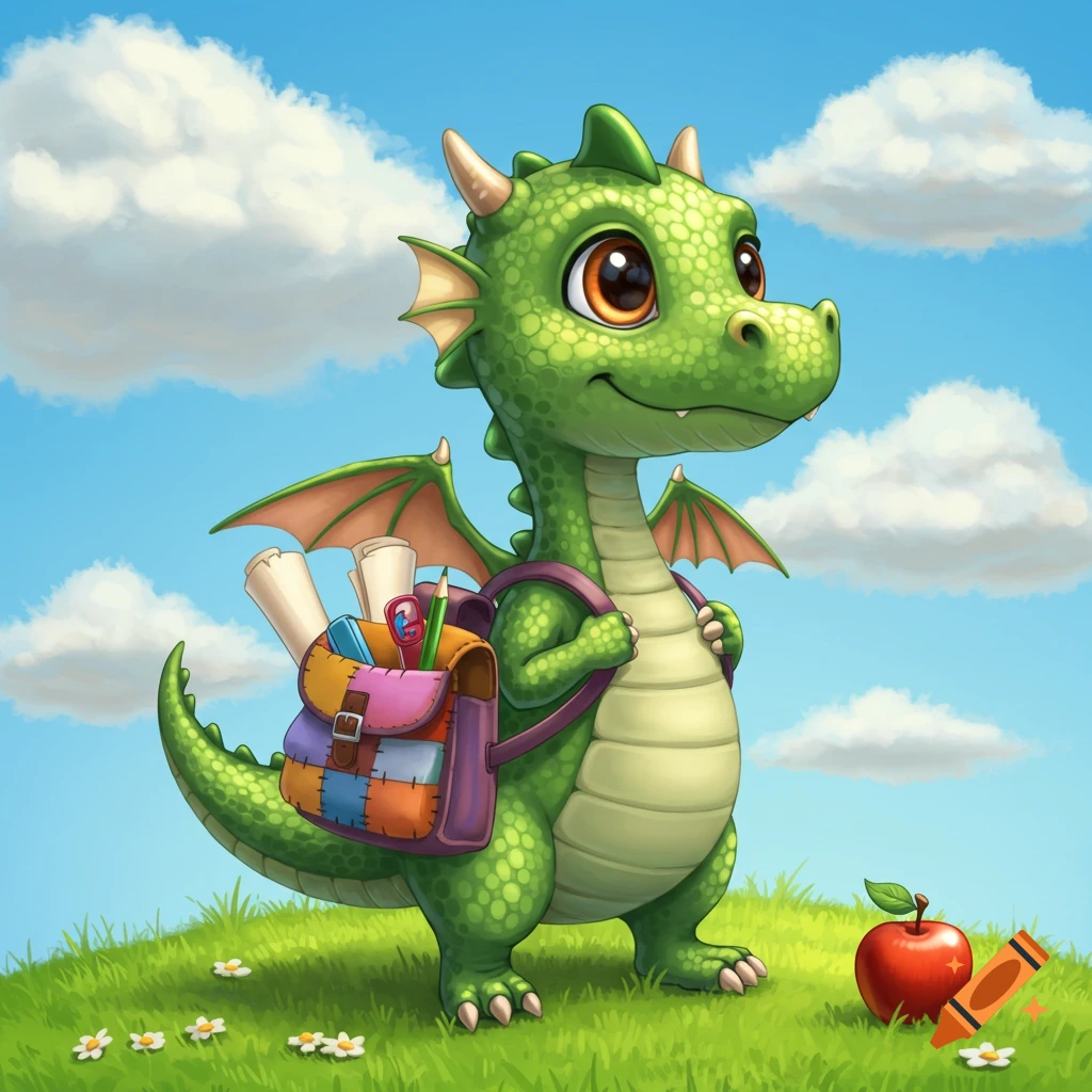 A cute green cartoon dragon with big eyes wears a colorful patched backpack, standing on a grassy hill with an apple.