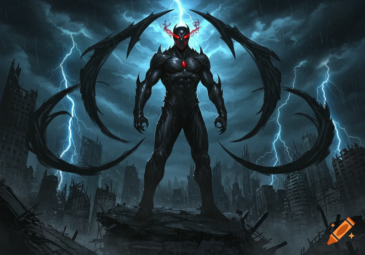 A dark supervillain in black armor with glowing red eyes and pointed wings stands in a ruined city under a stormy sky with lightning.