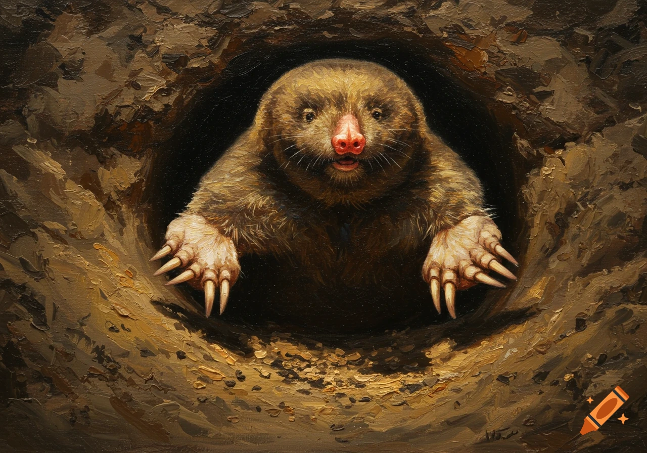 Oil painting of a furry brown mole with a pink snout and claws peering out of a dark dirt burrow.