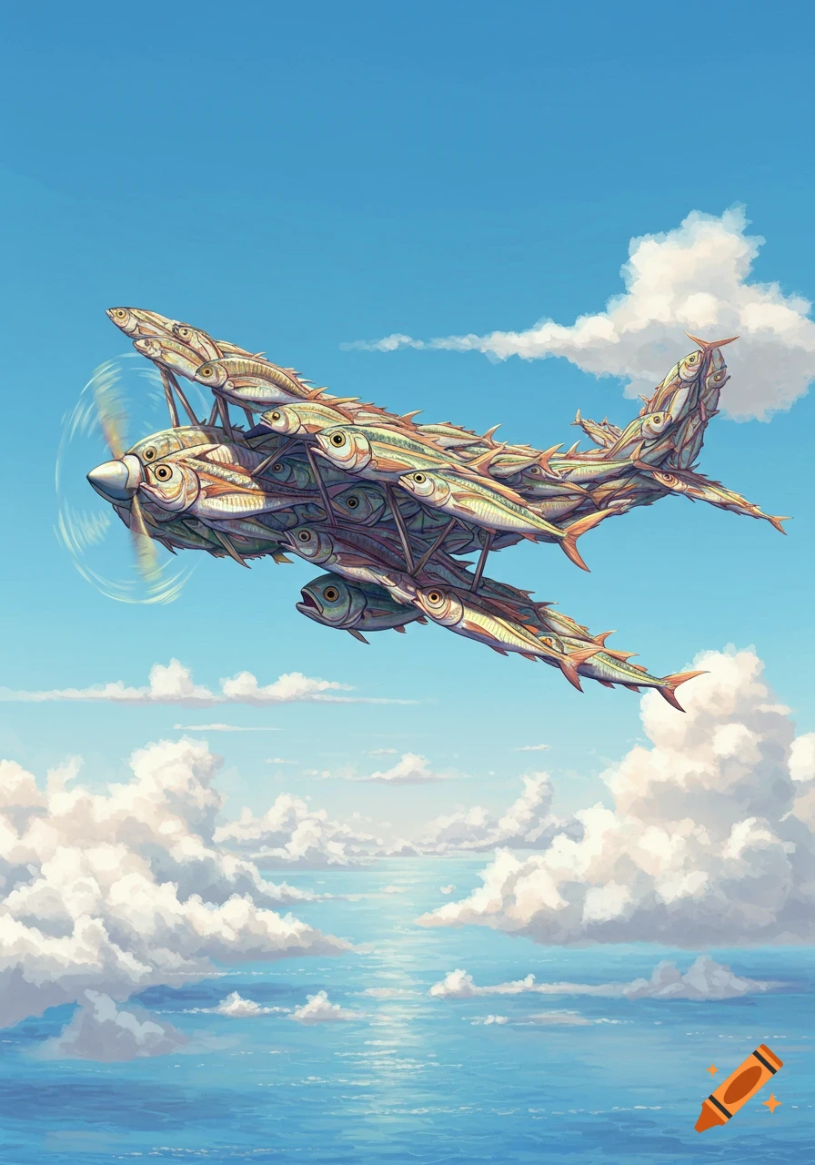 An illustrative biplane crafted from numerous fish soars over a reflective ocean under a blue, cloudy sky.
