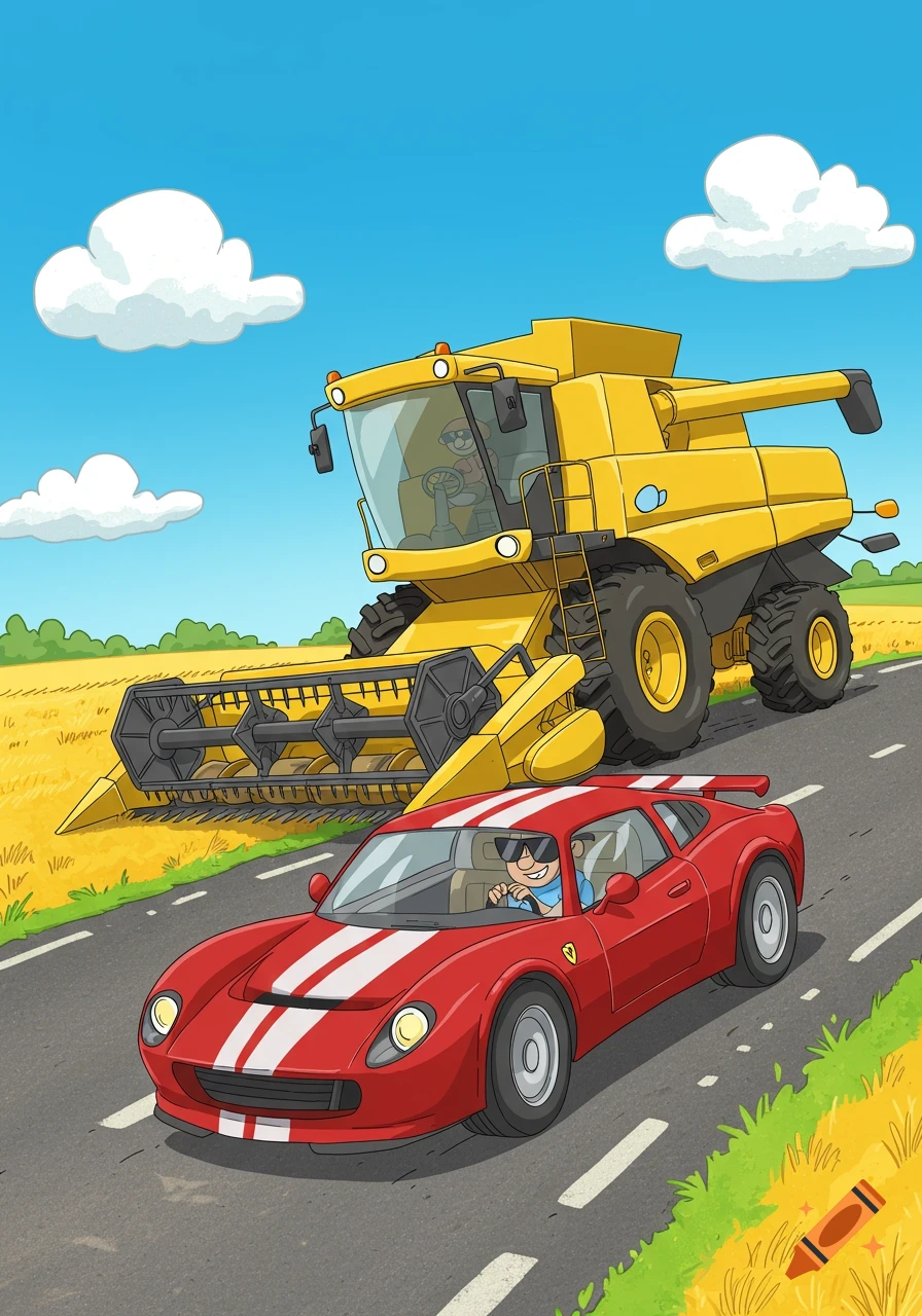 A cartoon red sports car with white stripes overtakes a large yellow combine harvester on a paved road, with fields and clouds.