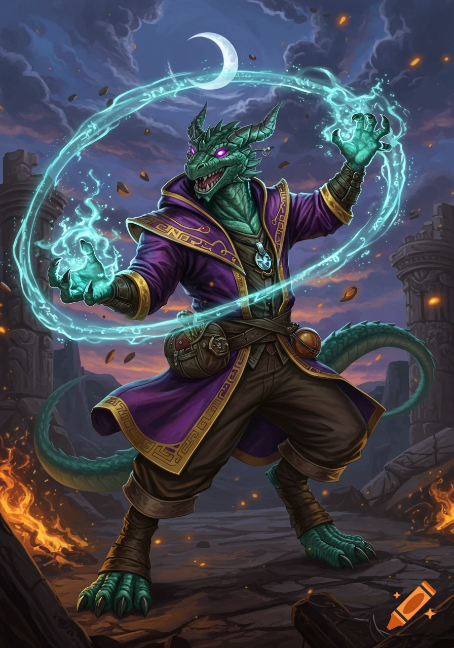 A green dragonborn sorcerer in purple robes casts glowing blue-green magic in a ruined fantasy landscape under a crescent moon.