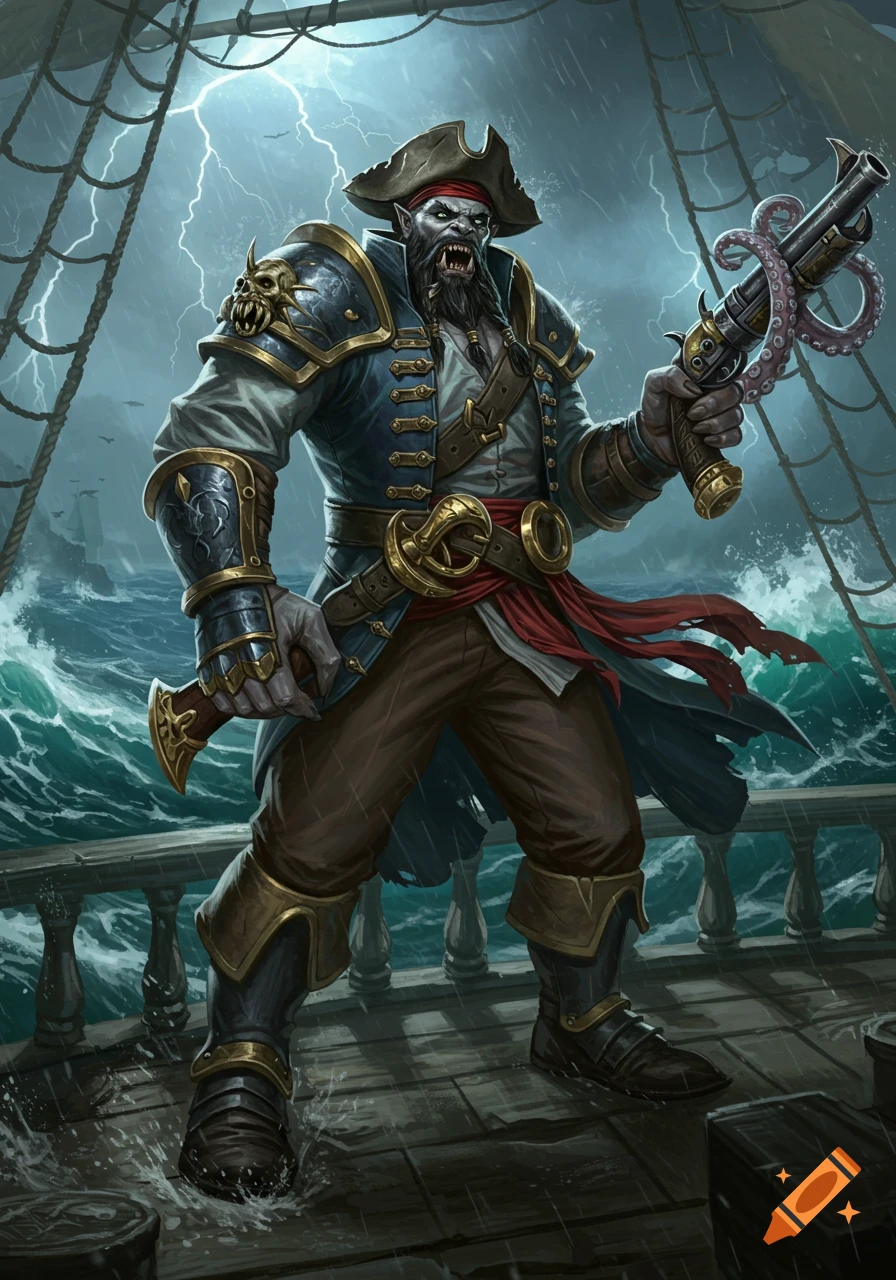 A fearsome grey-skinned Goliath pirate captain stands on a stormy ship deck, holding a kraken-inspired gun, with lightning in the background.